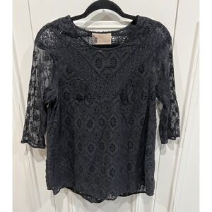 Anthropologie Fleur Wood Black Lace Eyelet Top Womens Size Medium Whimsigoth